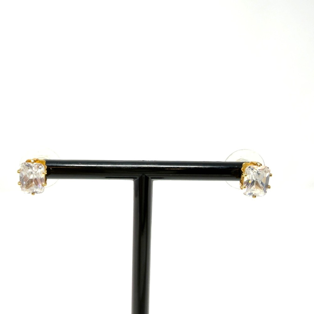 Gold Tone Cubic Zirconia Stud Earrings Square Cut‎ Clear